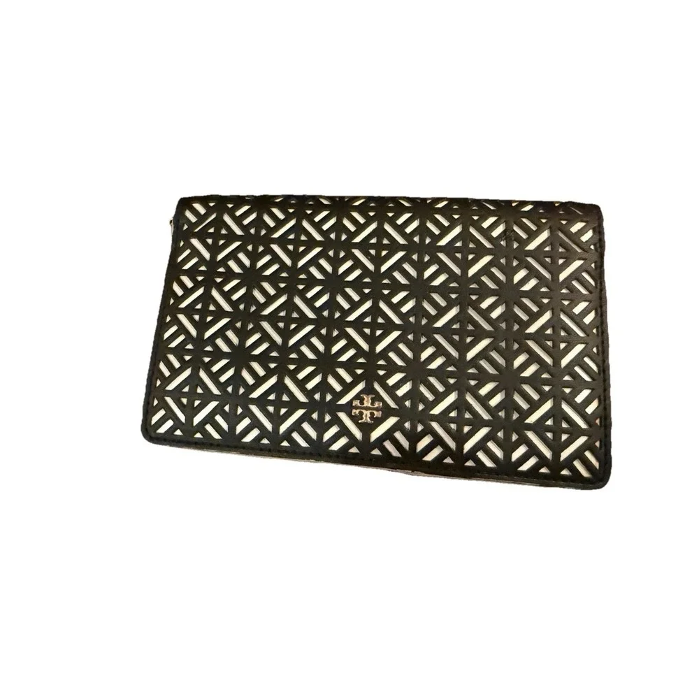 Tory Burch Fret-T wallet Wrislet on a Black & White Lace Cut Out Zip Around